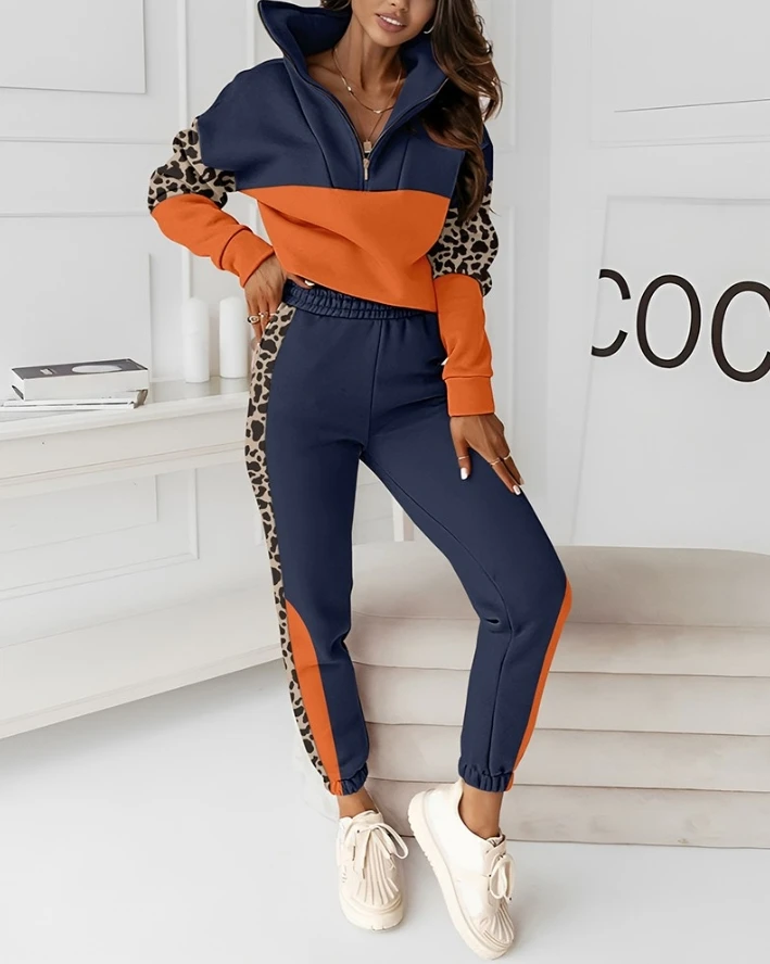 Всекидневни комплекти спортни панталони за пролет-лято 2024 години за жените, hoody с дълъг ръкав и цветни леопардовым принтом, дизайнерски джоб с цип, hoody - 1