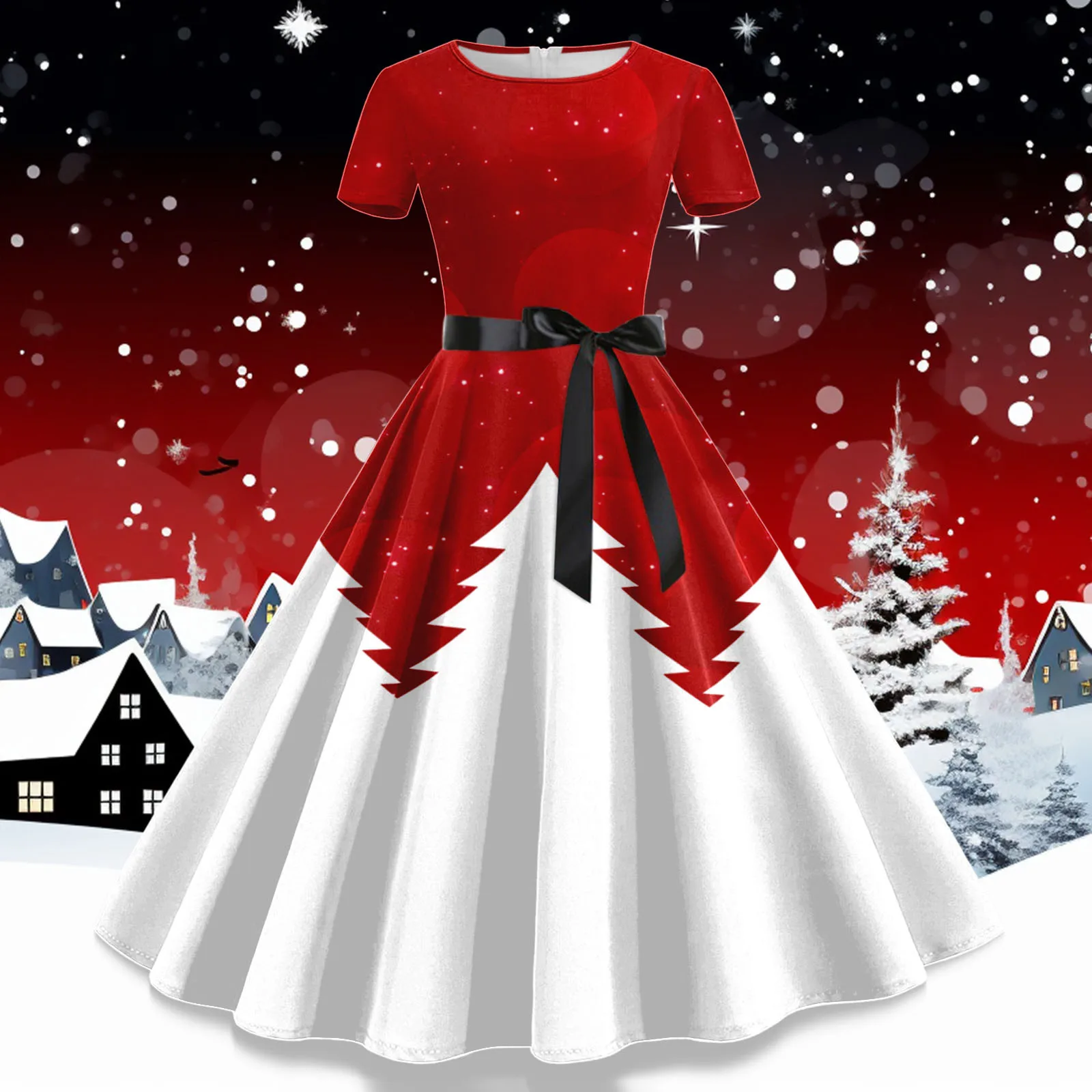 Дамско модно Коледно рокля с принтом, дамски ежедневни зимни тънки рокли с къс ръкав, женски дантелено рокля Хепбърн за бала. - 1