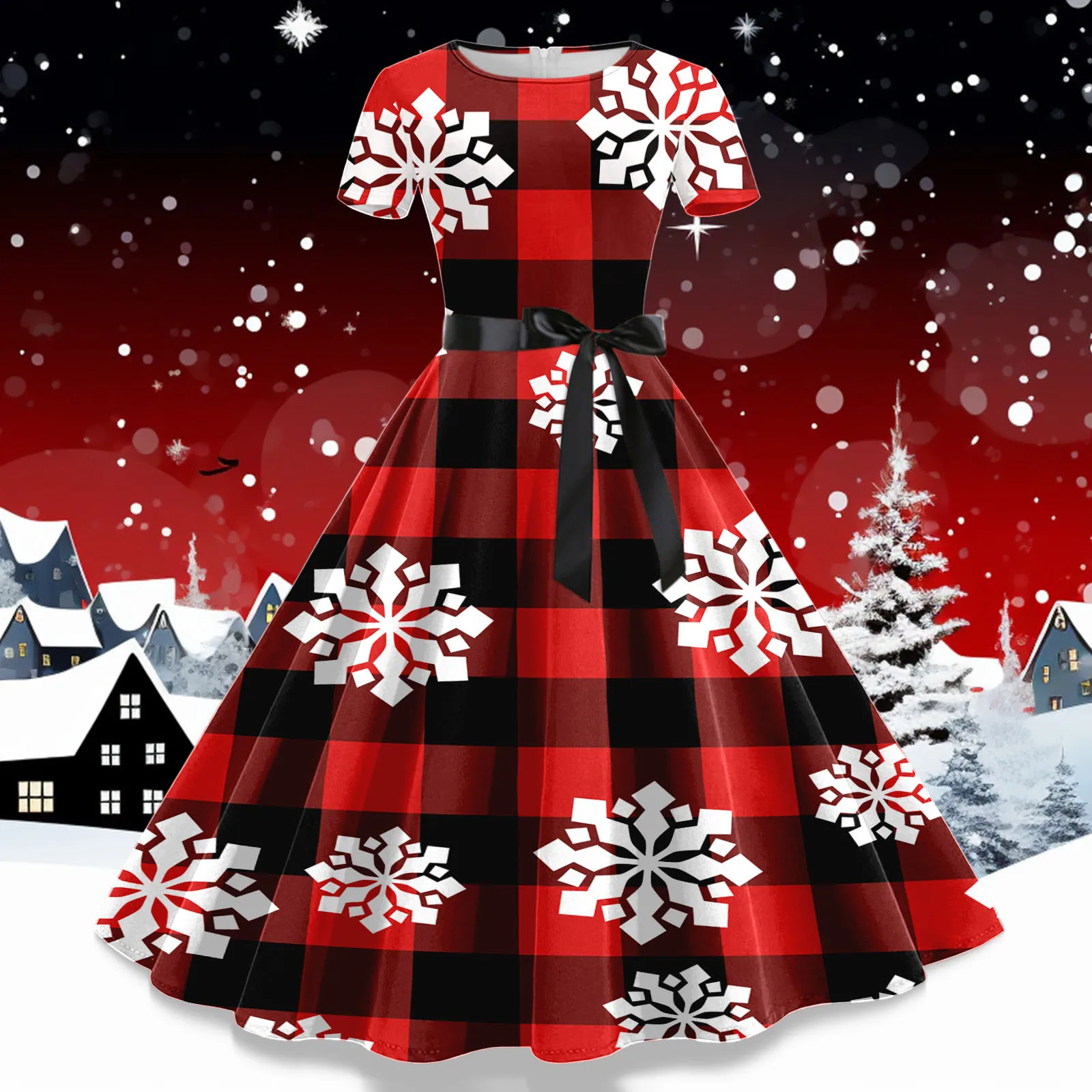 Дамско модно Коледно рокля с принтом, дамски ежедневни зимни тънки рокли с къс ръкав, женски дантелено рокля Хепбърн за бала. - 2