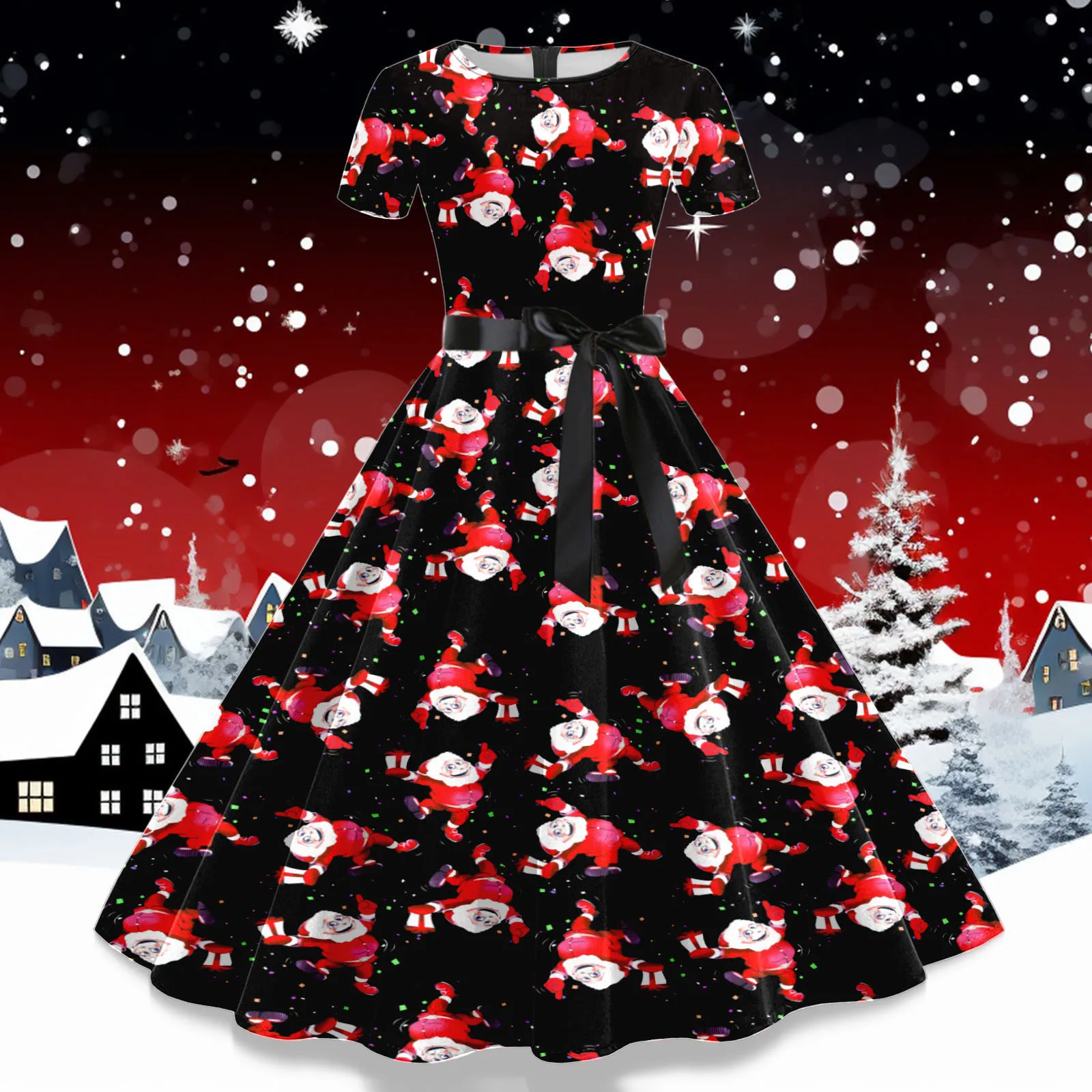 Дамско модно Коледно рокля с принтом, дамски ежедневни зимни тънки рокли с къс ръкав, женски дантелено рокля Хепбърн за бала. - 3