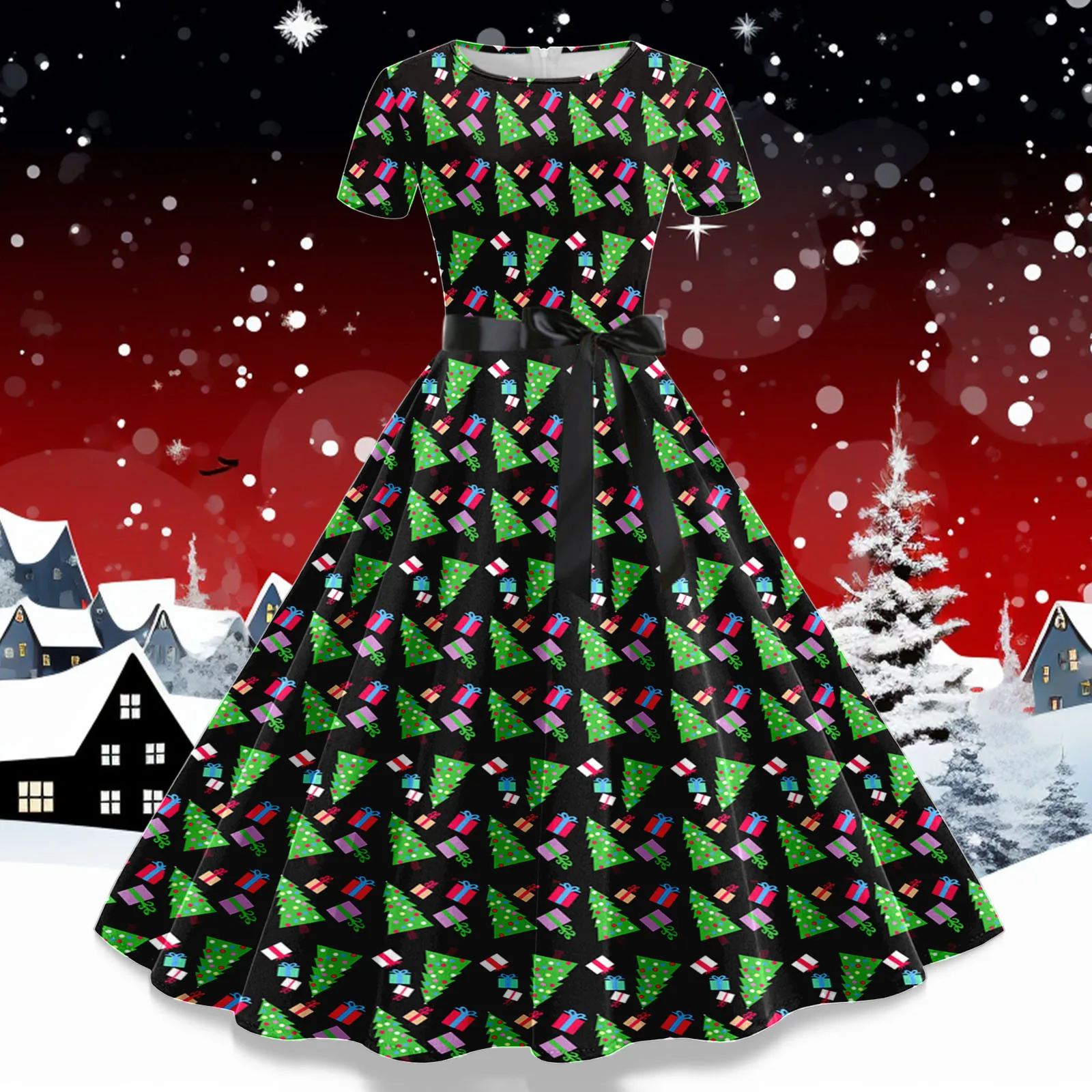Дамско модно Коледно рокля с принтом, дамски ежедневни зимни тънки рокли с къс ръкав, женски дантелено рокля Хепбърн за бала. - 4