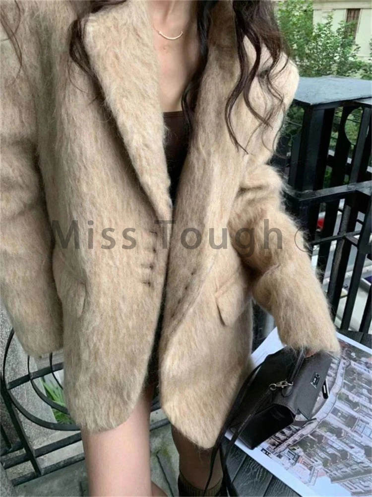 Зимно Елегантно Винтажное вълна палто, дамско луксозно топло однотонное палто от изкуствена вълна, дамски ежедневни жилетки в корейски стил ретро с дълъг ръкав 2024 - 1