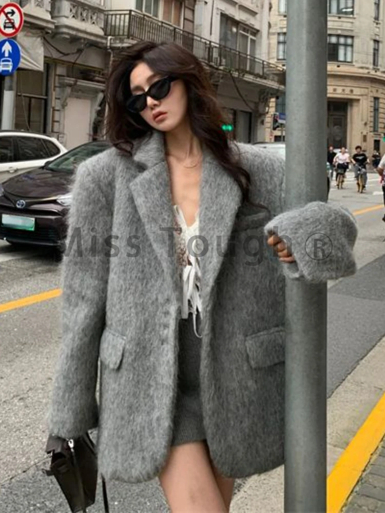 Зимно Елегантно Винтажное вълна палто, дамско луксозно топло однотонное палто от изкуствена вълна, дамски ежедневни жилетки в корейски стил ретро с дълъг ръкав 2024 - 2