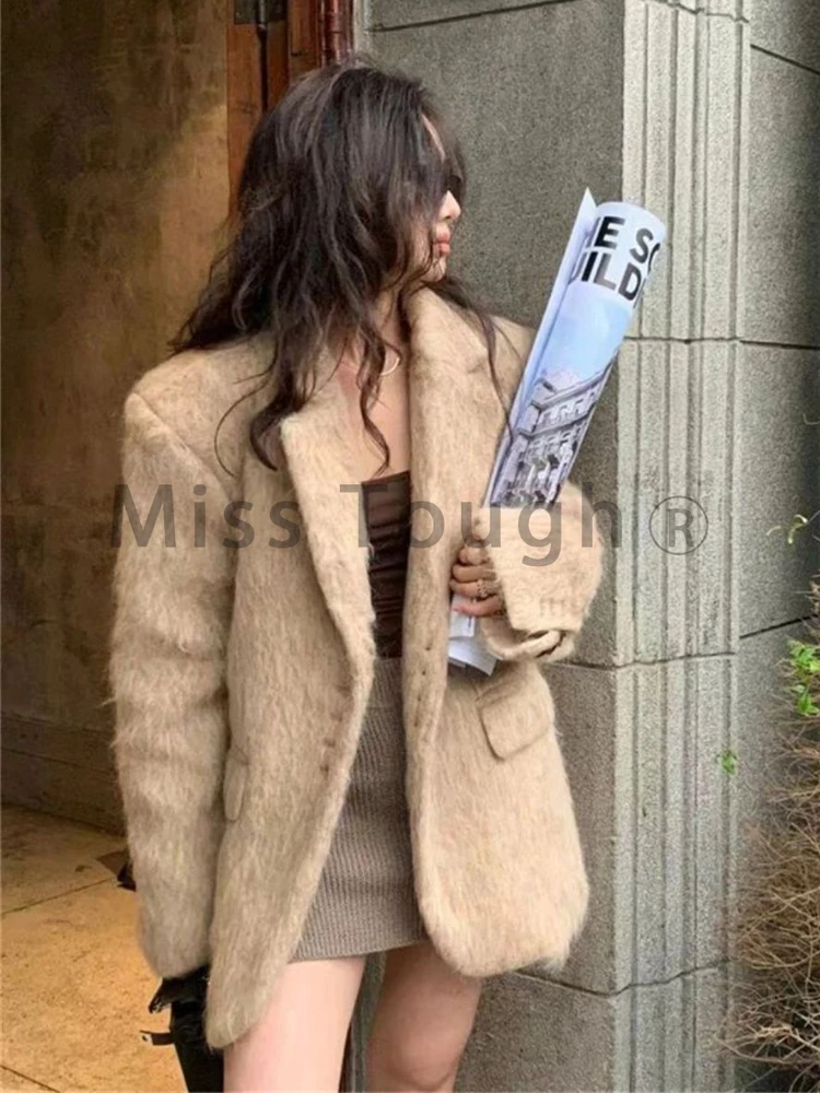 Зимно Елегантно Винтажное вълна палто, дамско луксозно топло однотонное палто от изкуствена вълна, дамски ежедневни жилетки в корейски стил ретро с дълъг ръкав 2024 - 4