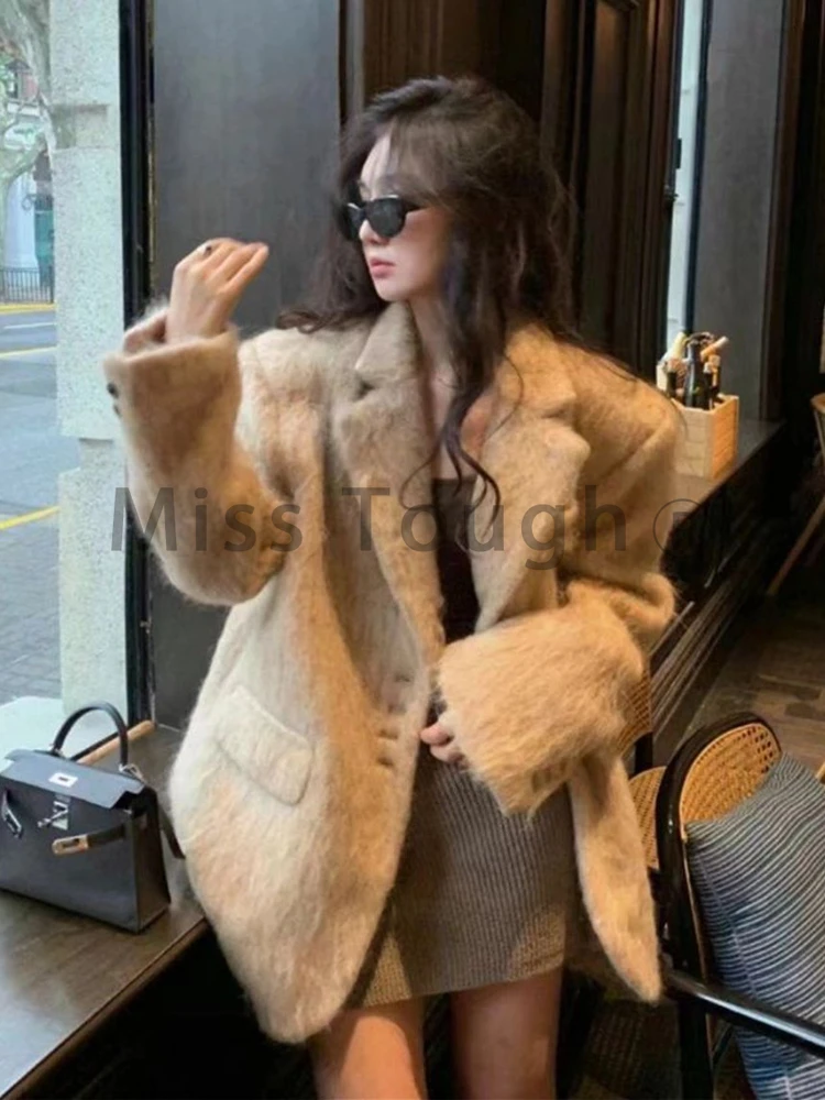 Зимно Елегантно Винтажное вълна палто, дамско луксозно топло однотонное палто от изкуствена вълна, дамски ежедневни жилетки в корейски стил ретро с дълъг ръкав 2024 - 5