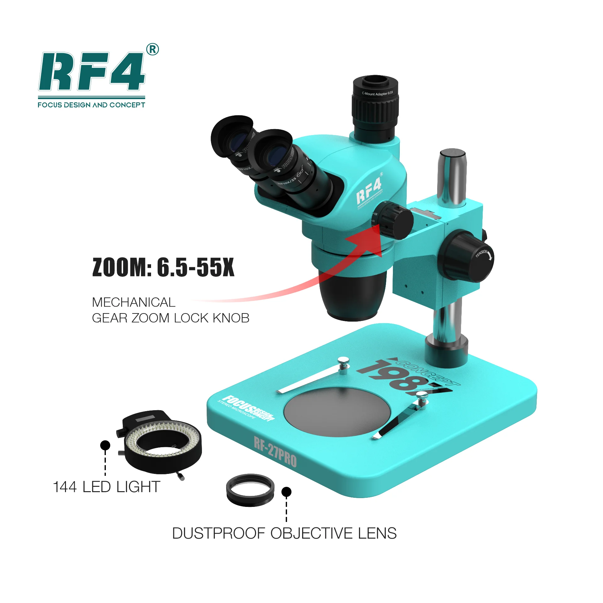 RF4 6,5-55-кратно механично увеличение на дръжката за заключване, Триокулярный микроскоп, подходящ за ремонт на мобилни телефони, оценка на бижута RF-27PRO - 0