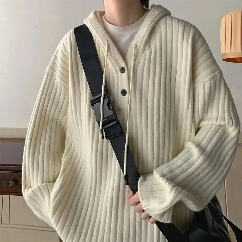 Корейски реколта пуловери за мъже с високо качество, мързелив пуловер свободна плетени с качулка и модерен hoody с цип y2k tops - 3