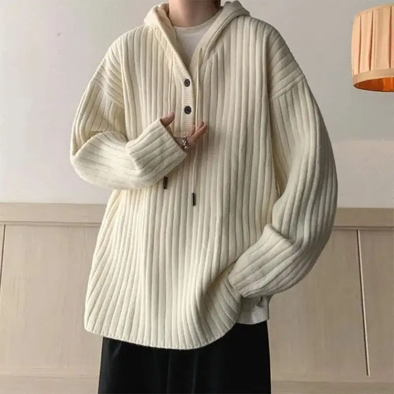 Корейски реколта пуловери за мъже с високо качество, мързелив пуловер свободна плетени с качулка и модерен hoody с цип y2k tops - 5