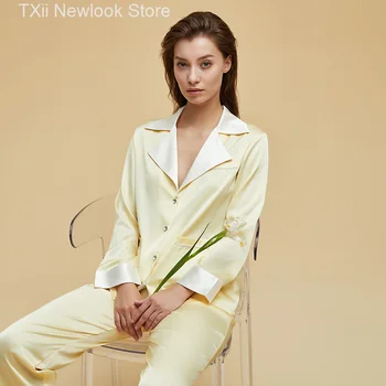 5 цвята Пижами, изработени от коприна лед Дамски Пролет и лято 2023 Нов домашен костюм от висококачествен сатен с ревери с дълъг ръкав M-XL
