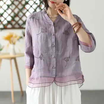 2024, дамска елегантна блуза в китайски стил, памук лен топ с бродерия, жена топ hanfu в етнически стил, дамски реколта риза рокля