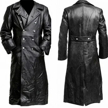 Реколта мъжко яке изкуствена кожа-високо качество на зимните копчета, дълъг тренч, мъжки бизнес горна дреха, модно офицерское палто премиум-клас, черен