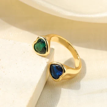 Луксозни пръстен със зелен кристал във формата на сърце за жени, Цирконий, Неръждаема стомана, Отворено регулируема халка на пръста си, бижутата и за подарък