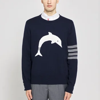 Мъжки пуловер пуловер с кръгло деколте, удобен и мек вязаный пуловер с делфина, модерен и случайни вязаный пуловер за двойки