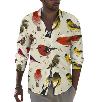 Ежедневна риза Y2K с цветни принтом птици Мъжка риза North American Finches Пролетта Стръмни блузи с дълъг ръкав Графични върховете Оверсайз