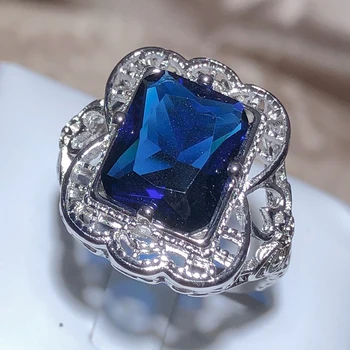 Преувеличени Геометрично Кух Квадратно Тъмно Синьо пръстен с цирконием, Дамски марка проба 925, бижута Сватба, Подарък на едро