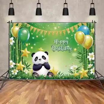 ЛУНАТА.QG Фон Детски неоновите банер честит Рожден Ден на Фона на знак фотозоны Панда животни балони Звезди Декор, Реквизит за снимки