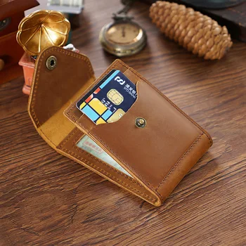 Ретро мъжки портфейл от 100% естествена кожа, държач за кредитни карти, портфейл за брой, 5 слота за карти, малък тънък калъф за шофьорска книжка.