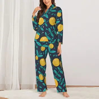 Пижамный комплект с листа от портокал, плодов ретро принт, Мека пижами, дамски ежедневни дрехи с дълъг ръкав, 2 броя, пижами голям размер