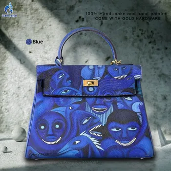 Художествени чанта с ръчно рисувани Дамски чанти и портфейли от естествена кожа, Луксозни модни дизайнерски чанти през рамо за жени