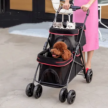 Търговия на едро с детски колички за домашни любимци Двойна подвижна количка за кучета и котки, луксозна количка на 4 колела