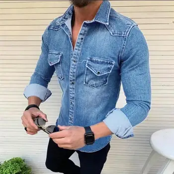 Модерни мъжки дънки с риза, Ежедневни Панталони ризи С копчета джоб, мъжки блузи Camisa с дълъг ръкав и отложным яка camisa masculina