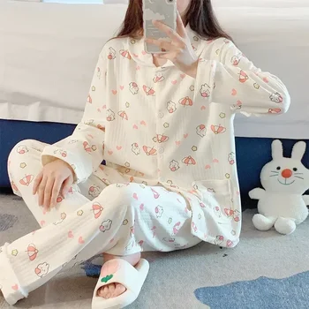 Пижама с хлопковыми ръкав, Зимни Свободен Женски костюм, Дълга Комплект дрехи Оверсайз с принтом Kawaii Home