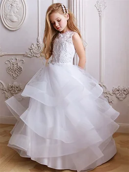 Бели сватбени рокли за момичета в едно цвете, принцеса, Дантелени апликации с дължина до пода рокля за Първо причастие, без ръкави, вечерни рокли за партита
