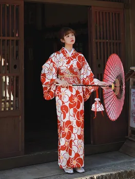 Ново дамско японското по-Добро Кимоно С чанта Юката Официално Червено Цвете
