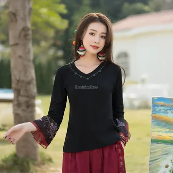 2023 китайският национален стил, пролет и лято, V-образно деколте, риза с бродерия и дълъг ръкав, ежедневни ретро блуза в национален стил s158