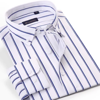 Мъжки памучен риза с двойни ивици от бамбуково влакно, класическа ежедневна риза с дълъг ръкав и цветни ивици, яка, копчета, удобно