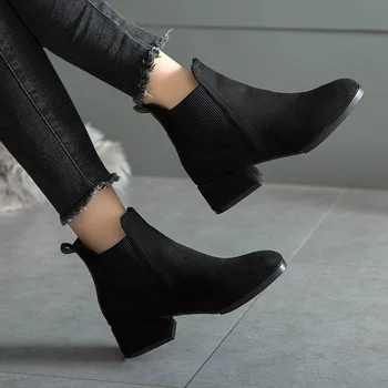 Есенно-зимни обувки, женски ботильоны камилска козина цвят черен цвят за жени, дамски обувки, без закопчалка за дебелите обувки с токчета, ботуши