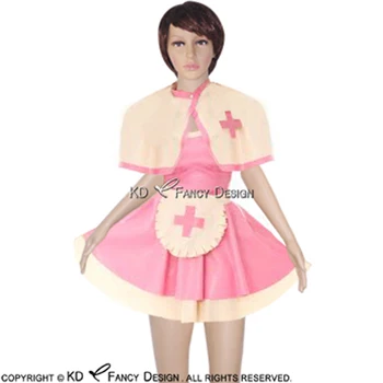 Розово-бяла Секси рокля от латекс С нос, Престилка, Гумена Униформи, Монтиране гащеризон LYQ-0033