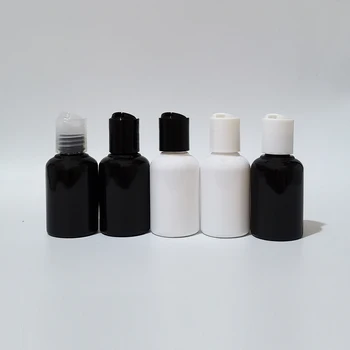 50шт 50 мл Бяло Черна кръгла пластмасова бутилка с горния капак, 50 cc Празен козметични контейнер за опаковане на гел за душ / лосион