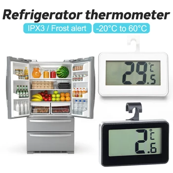 Цифров термометър за хладилника / фризера Домакински термограф влага IPX3 Водоустойчив LCD дисплей Безжични и окачен на куката