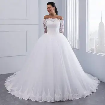 Бяла сватбена рокля Топка рокля с елегантен бродирани цветя, Голям завързана панделка с дълъг ръкав за младоженци 2026 година на издаване