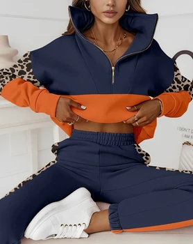 Всекидневни комплекти спортни панталони за пролет-лято 2024 години за жените, hoody с дълъг ръкав и цветни леопардовым принтом, дизайнерски джоб с цип, hoody