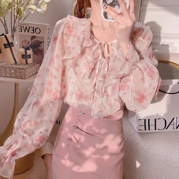 Розова шифоновая риза с листа на лотос, Пролетно-лятната модна блуза 2023, тениска с V-образно деколте в корейски стил, Дамски елегантен скъпа риза с дълъг ръкав