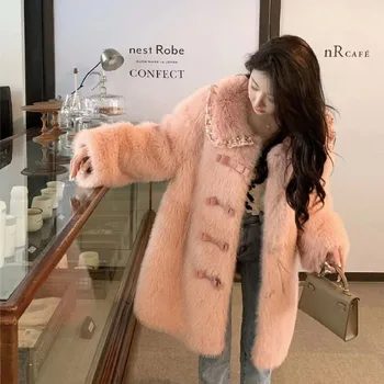Зимни облекла, Модно дамско палто от изкуствена кожа с хубав лък 2022, Елегантно розово Дамско палто от изкуствена кожа със средна дължина