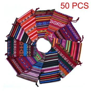 50 бр./лот 10x14 см Цветен хлопчатобумажный подарък пакет в китайския етнически стил, 10 цвята, чанти и калъфи за бижута на съвсем малък в племенно стил, калъфи за съхранение на парцели