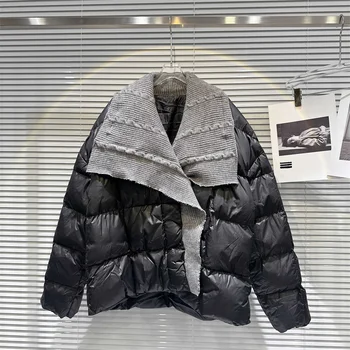 Модни вязаная naka сако с ревери в стил мозайка Есен-зима 2023, ежедневни черни топли памучни паркове с дълъг ръкав, палто