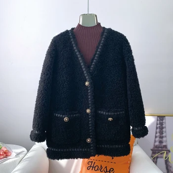 Дамски Елегантни палта от естествена вълна и кожа, дамско топло яке от овча вълна, зимно палто JT3160