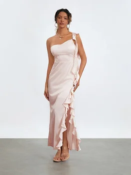 Елегантна вечерна рокля с висока цепка и рюшами на едно рамо, секси дълга вечерна рокля с мирис без ръкави с отворен гръб, рокля Vestidos