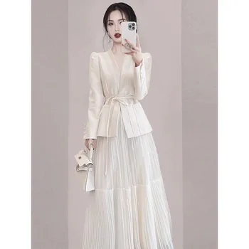 Нов юбочный костюм 2023 есента, дамски елегантен Корейски модерен блейзър дантела + дълга окото пола, всекидневни комплект за партита от 2 теми