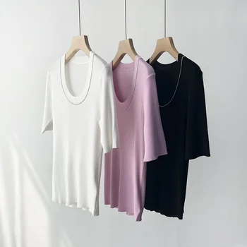 Нова дамски дрехи за пролетта и лятото на 2023, тениска с къс ръкав и веригата от смесового коприна с U-образно деколте 0430