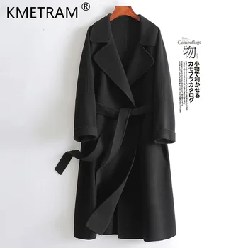 Елегантни вълнени палта за жени, есен-зима, Елегантно черно дълго палто, вълнена куртка, модерни дамски палта и сака Abrigo Mujer