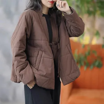 Жена литературно палто в ретро-в китайски стил, с памучна подплата, обикновена сгъстено свободни ежедневни блузи, Модни елегантно дамско сако с V-образно деколте