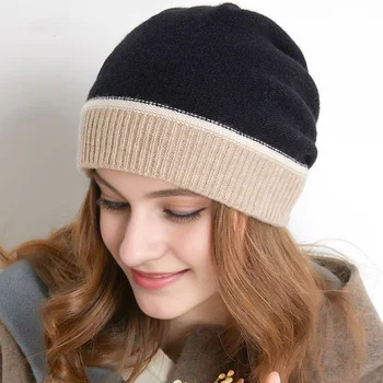 Пухкави шапки-бини, вълнена вязаная капачка, кашмир шапка в цвят блок, мека напускная есенно-зимна топла Дамски градинска облекло.