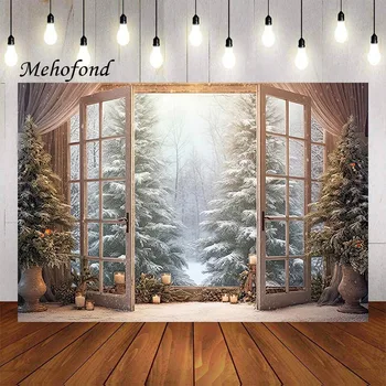 Фон за снимки Mehofond, Коледни прозорец, Зимен сняг, гора, Коледна елха, Детски, семеен портрет, декор, на фона на фото студио