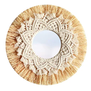 Скандинавска плетените от слама стена за една нощувка и закуска в хотел Boho Decor Огледален украса, ръчно изработени Декоративни Ресни огледало