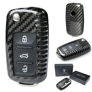 3 бутона автомобилния дистанционно ключодържател във формата на миди, калъф, корпус от въглеродни влакна, черна за Volkswagen VW Golf Beetle, Passat, Jetta, и т.н.